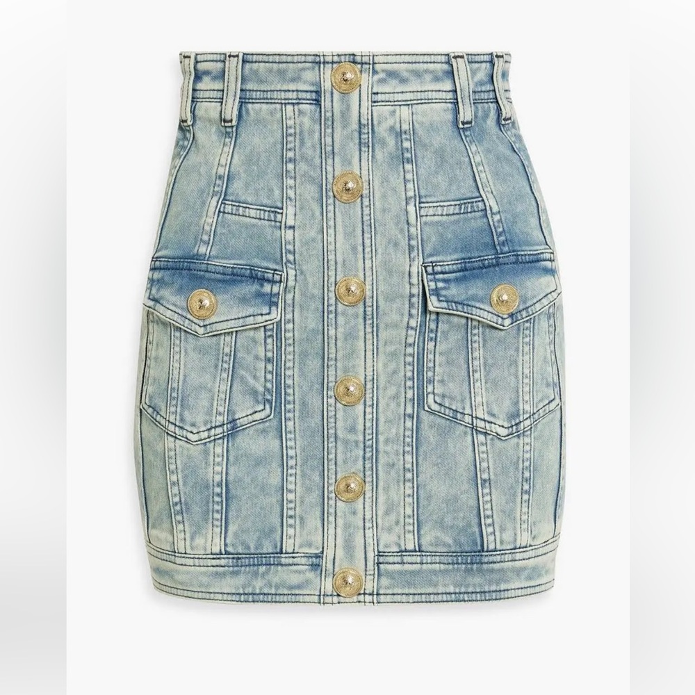 Balmain Button Embellished Denim Mini Skirt